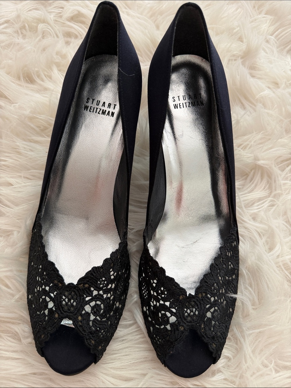 Stuart Weitzman Black Satun Lace Open-Toe Women’s Dress Heels Sz 9.5
